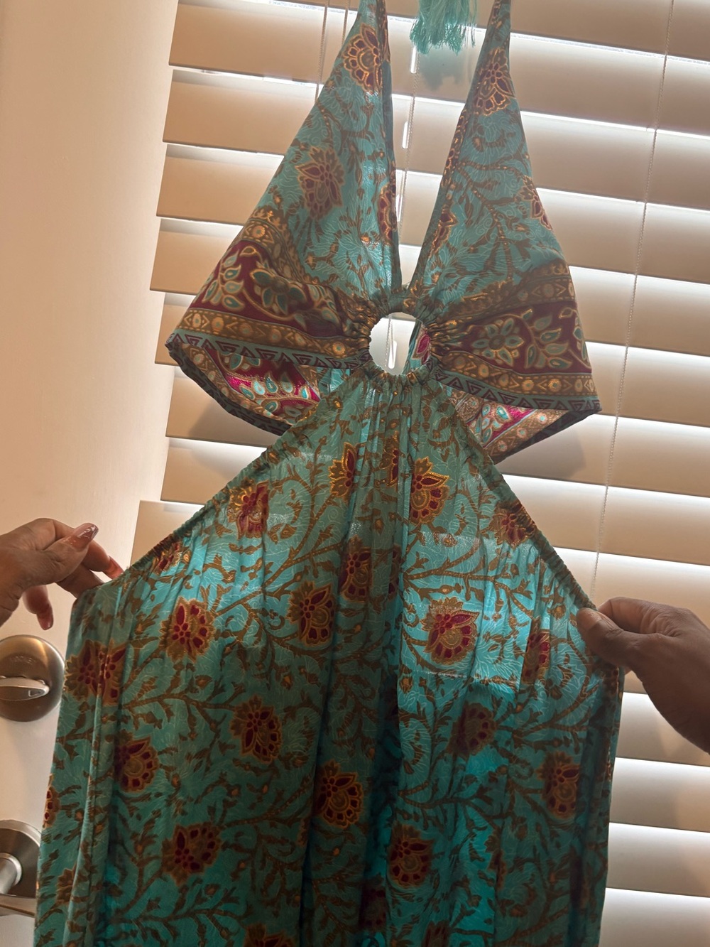 Turquoise Floral Print Backless Halter Maxi Dress with Ring Detail